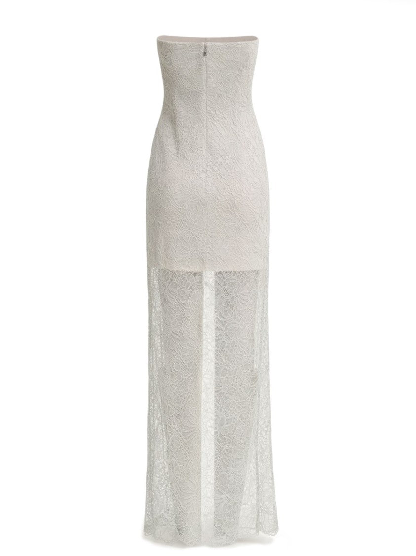 Rotate Strapless Long Lace Dress With Intricate Floral Patterns