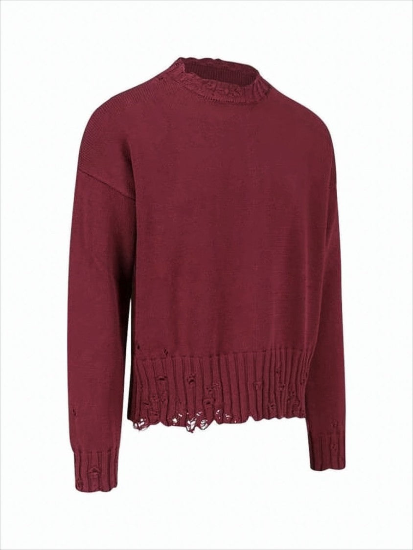 Marni Deep Burgundy Knit Sweater With Distressed Hem And Cuffs