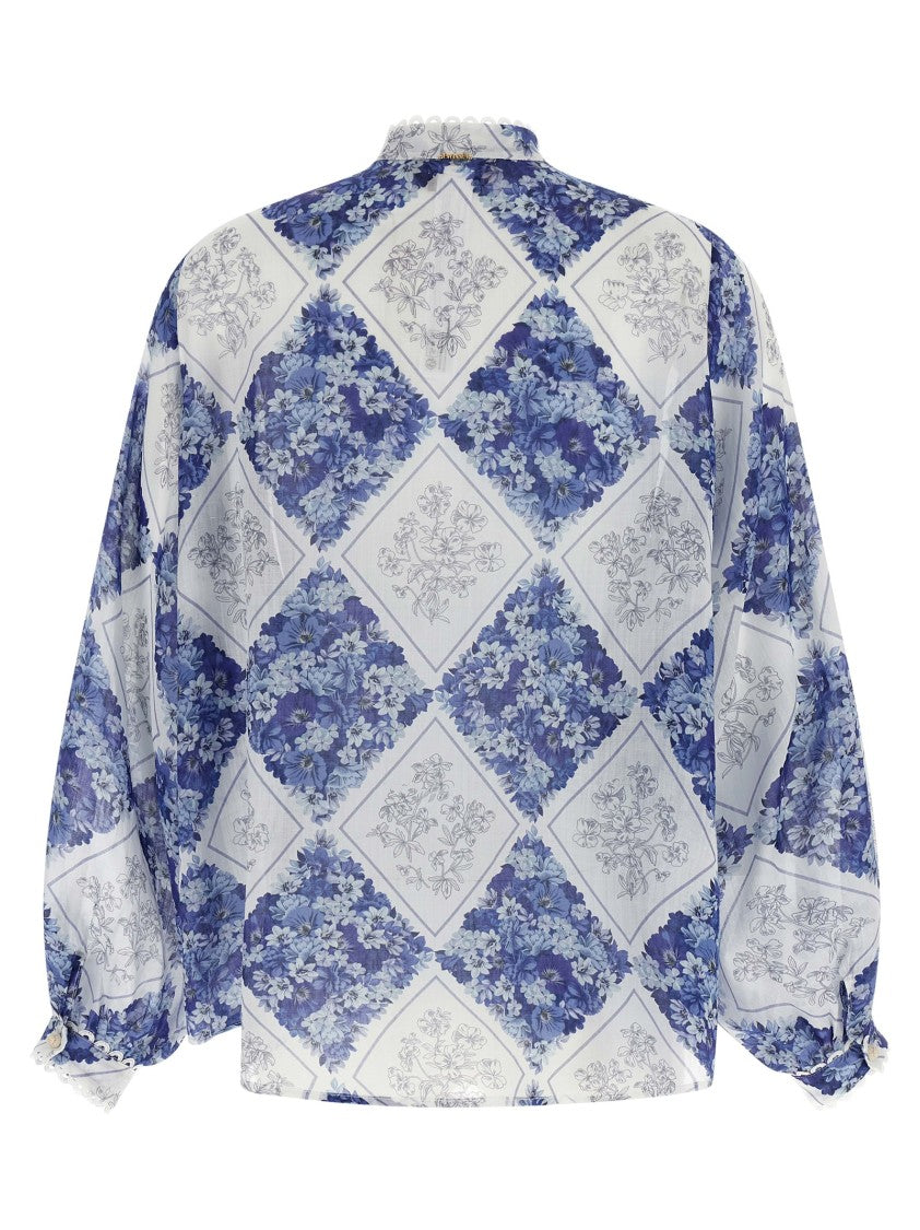 Twin-Set Floral Print Ramie Shirt With Balloon Sleeves And Mandarin Collar