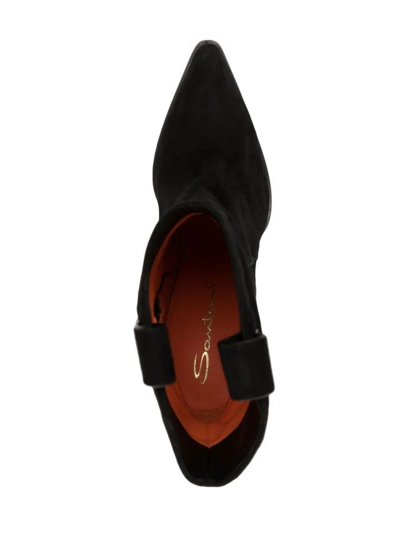 Santoni Pointed Toe Black Suede Ankle Boots With Curved Block Heel