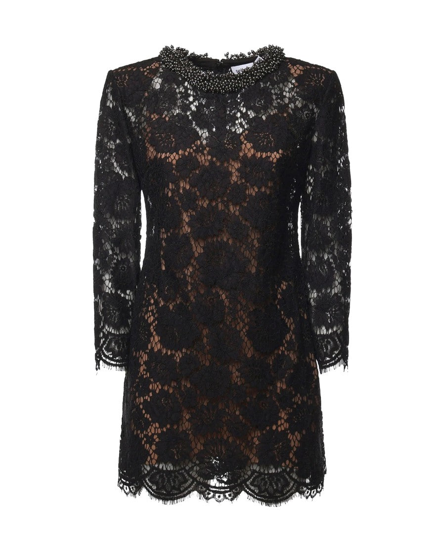 Self-Portrait Black Lace Beaded Long-Sleeve Mini Dress