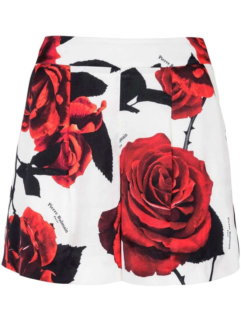 Balmain Rose-Print Satin Shorts