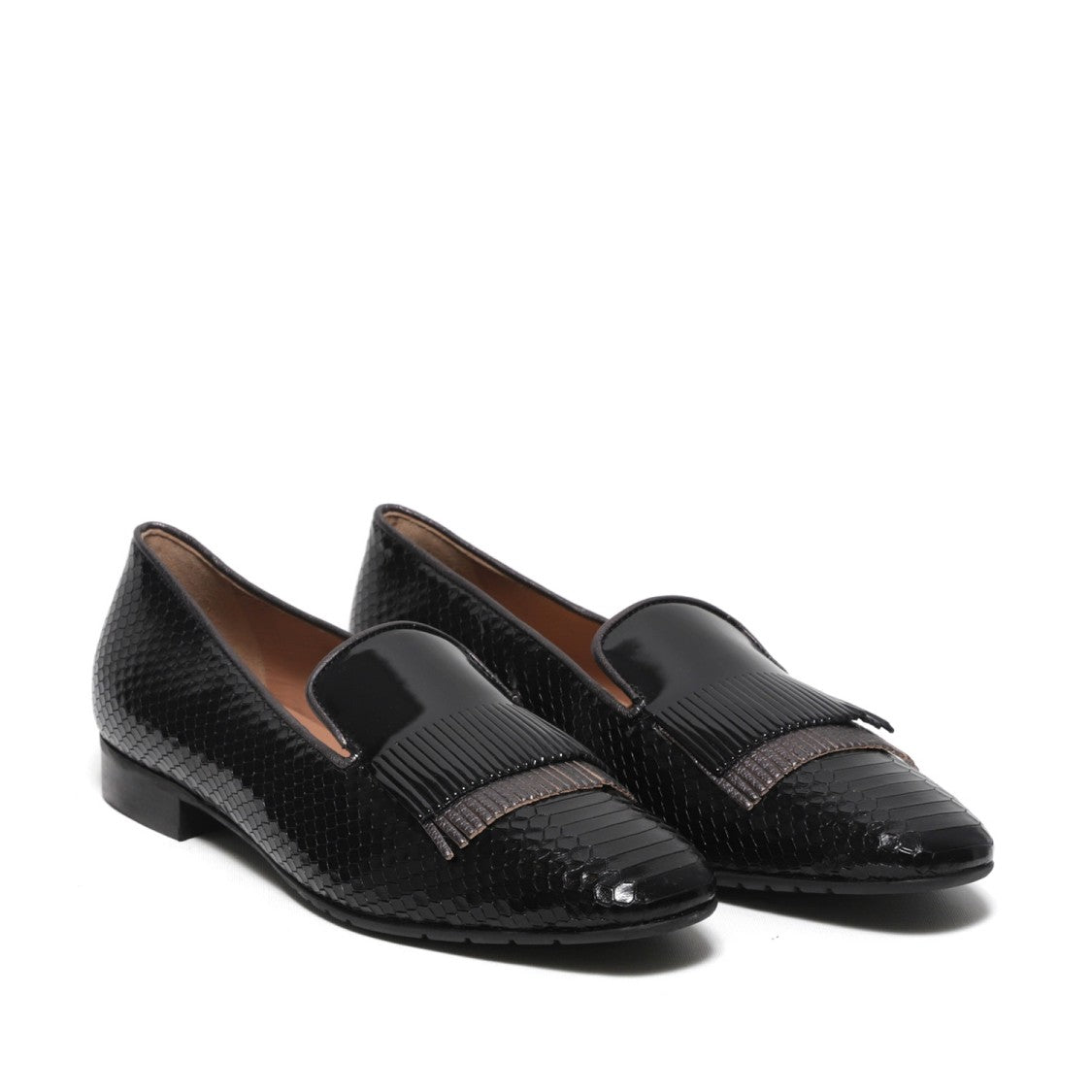 La Sellerie Black Crocodile Printed Leather Slipper