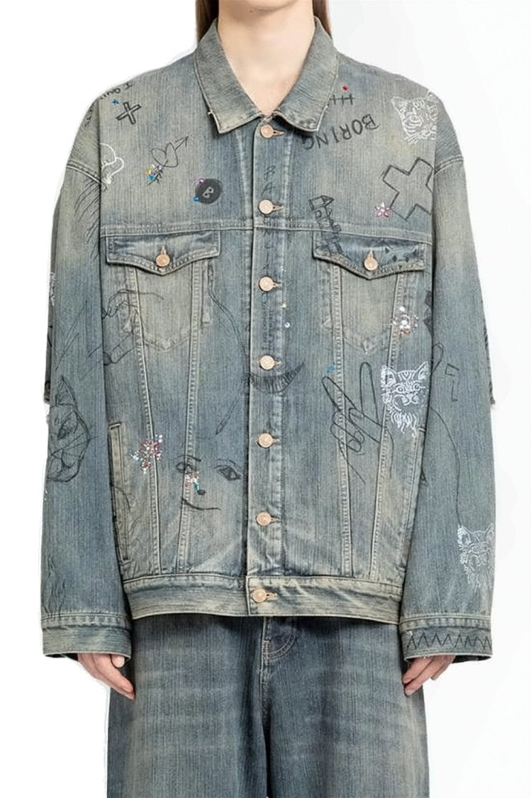 Balenciaga Relaxed Denim Jacket With Graffiti Art And Distressed Finish
