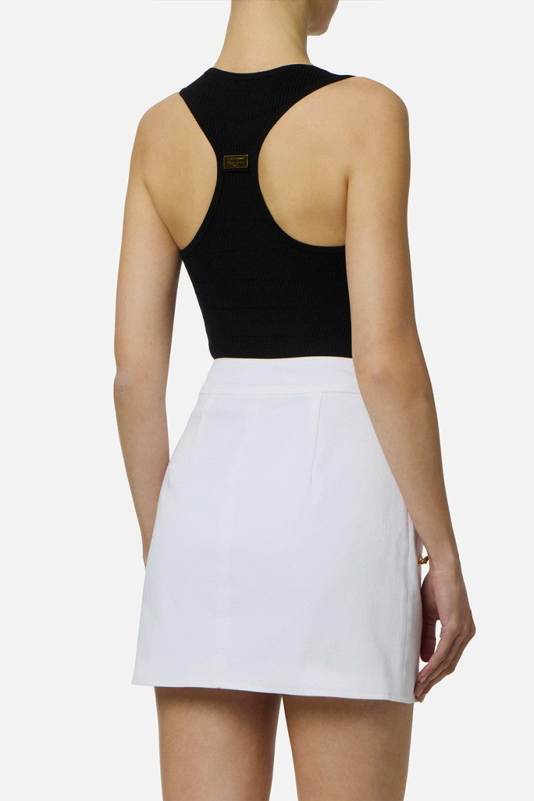 Elisabetta Franchi Black Ribbed Racerback Partial Button Placket Lyocell-Silk Tank Top