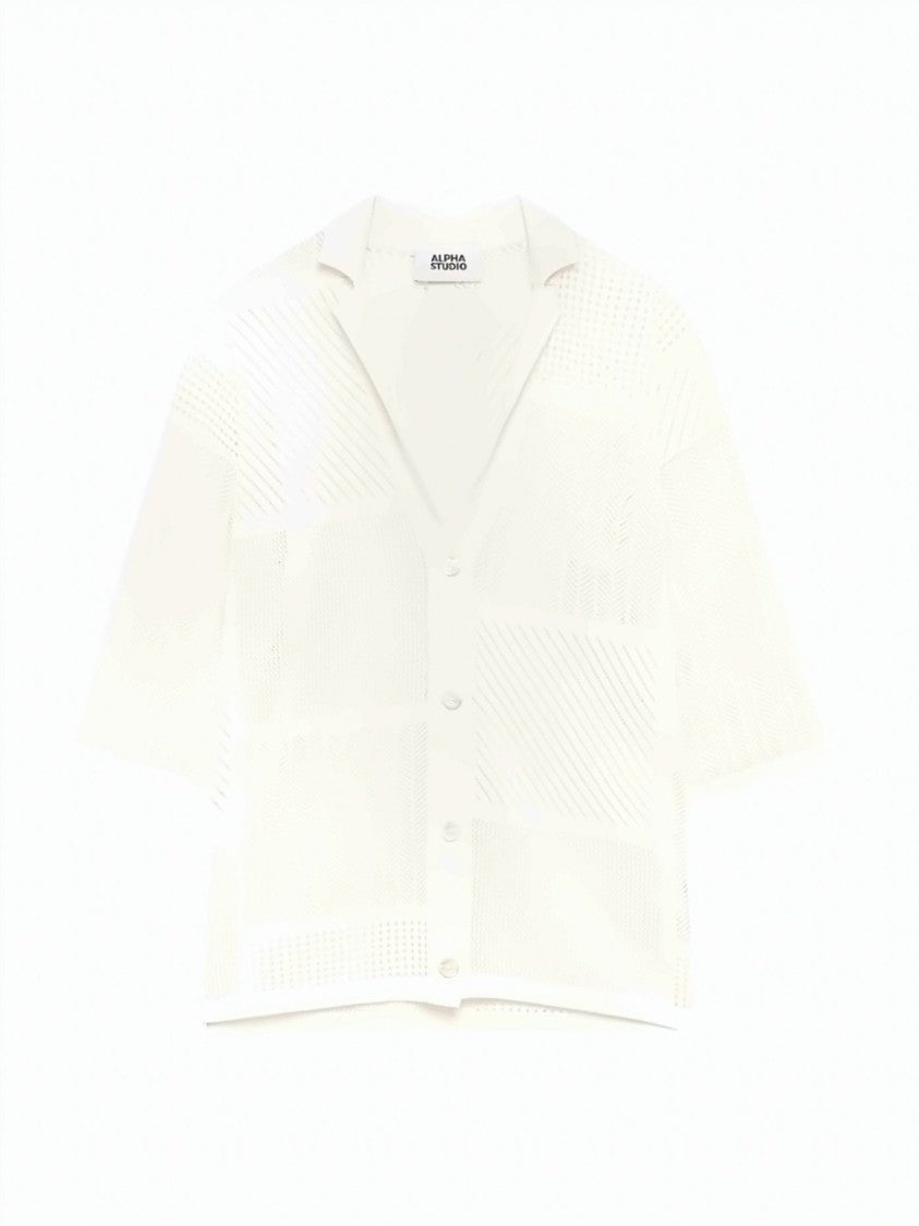 Alpha Studio Openwork 3/4 Sleeves Cotton-Blend Bowling Shirt