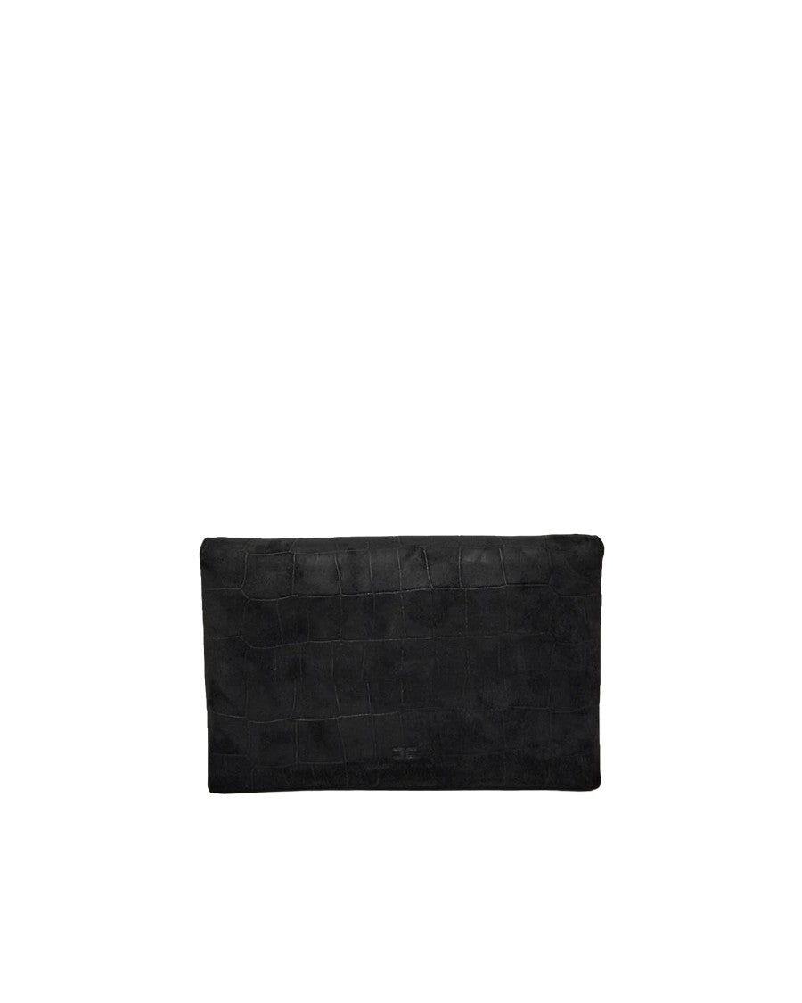 Elisabetta Franchi Compact Black Suede Shoulder Bag With Crocodile-Embossed Texture