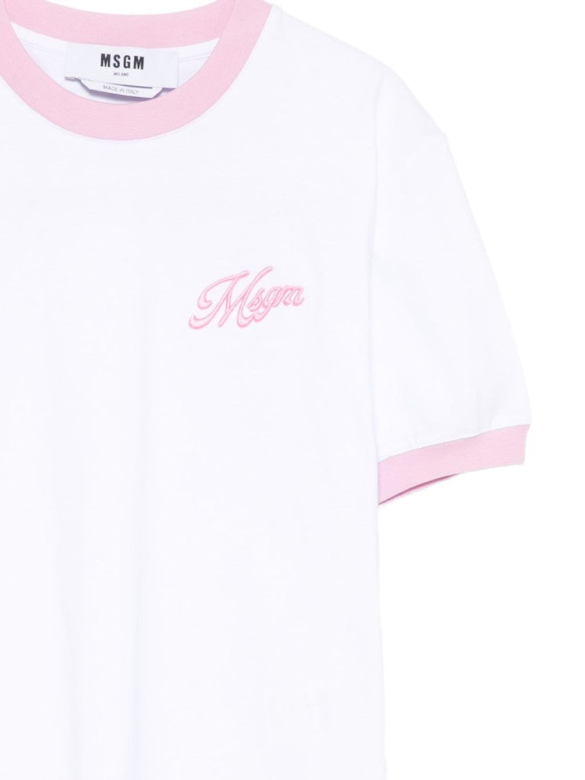 Msgm Crew Neck T-Shirt With Subtle Embroidery And Ribbed Cuffs