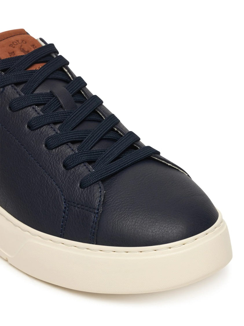 Polo Ralph Lauren Navy Leather Low-Top Sneakers With Contrasting Brown Accents
