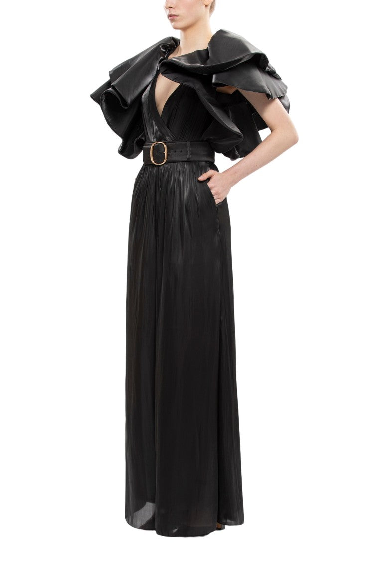 Saiid Kobeisy Deep V-Neck Ruffled Satin Bodysuit