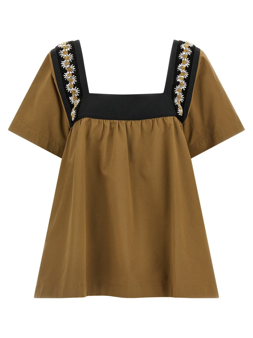 Prada Flared Cotton Gabardine Top With Geometric Neckline And Crystal Embellishments