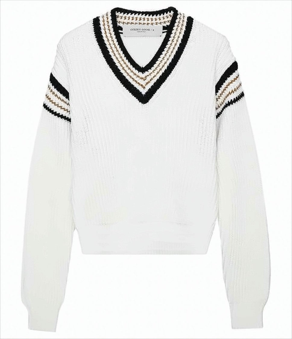 Golden Goose Ribbed Knit Sweater With V-Neckline And Striped Accents