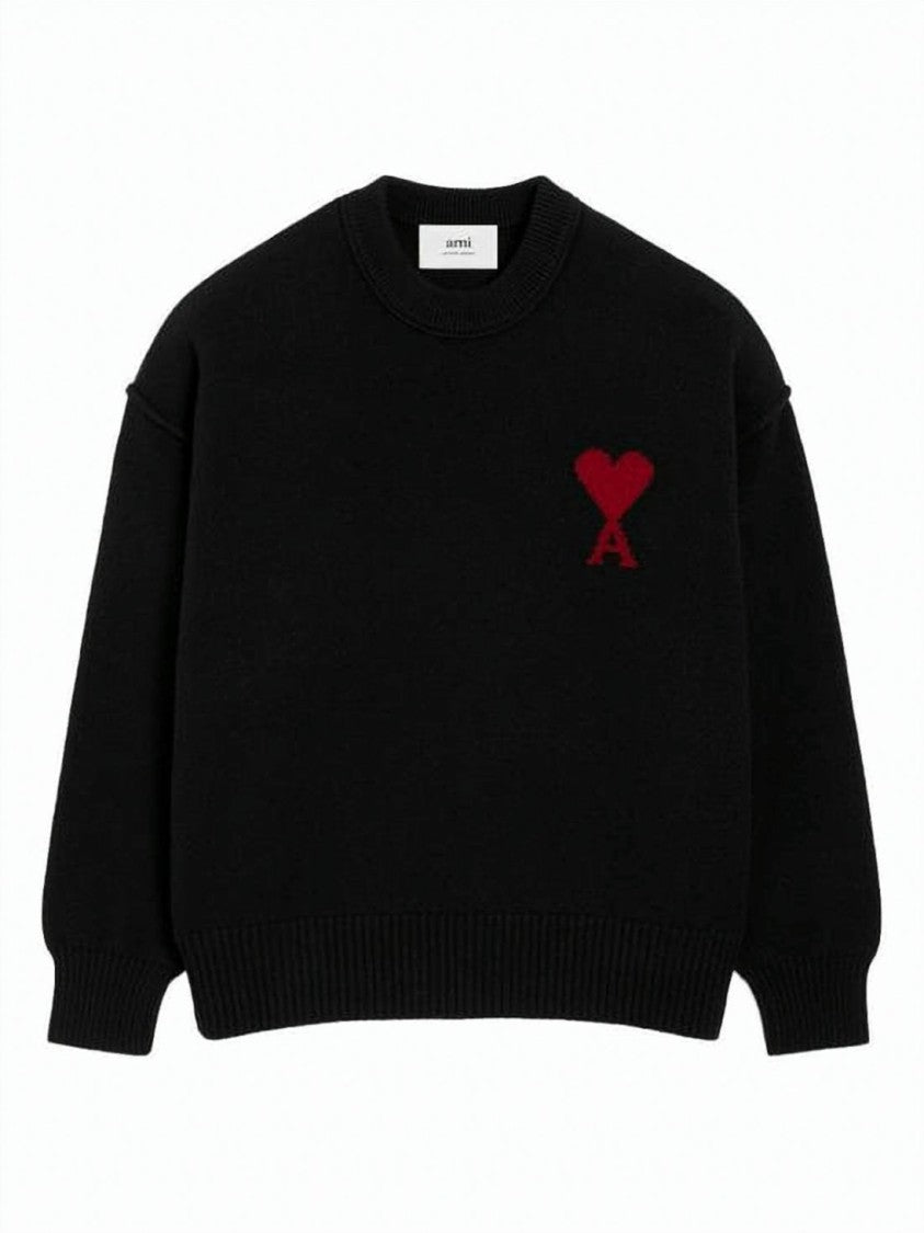 Ami Paris Crew Neck Knitwear Sweater With Bold Heart Emblem