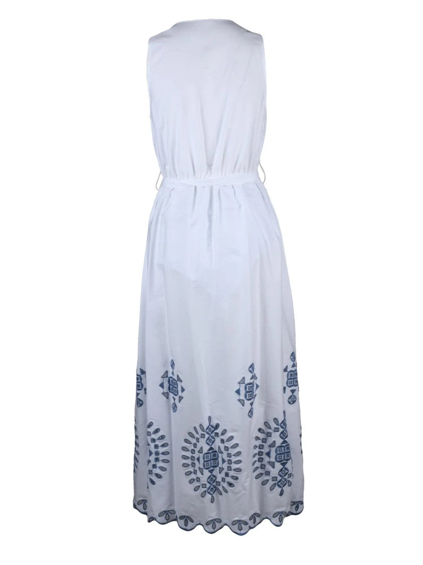 Eleventy White Blue Cotton Elastane Long Embroidered Dress
