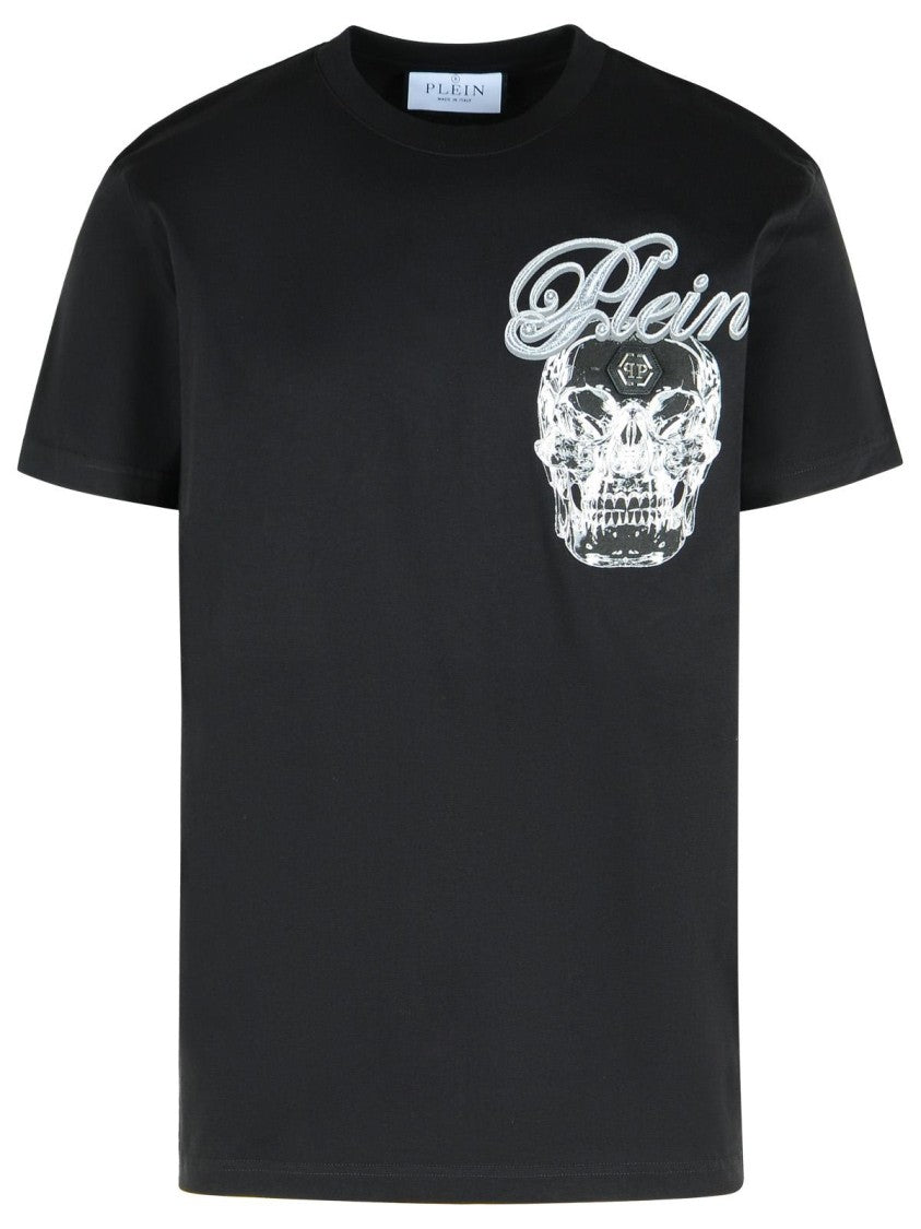 Philipp Plein Ribbed Crew Neck T-Shirt With Logo Patch And Chest Print