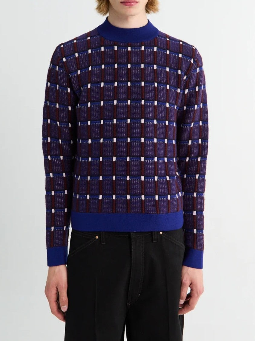 Jil Sander Textured Checkered Sweater In Deep Blue And Burgundy