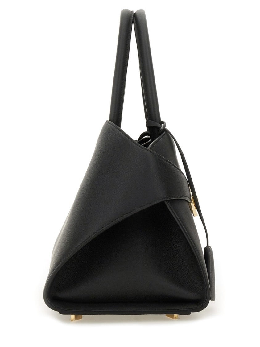 Ferragamo Structured Black Tote Bag With Curved Silhouette And Gold-Tone Accents