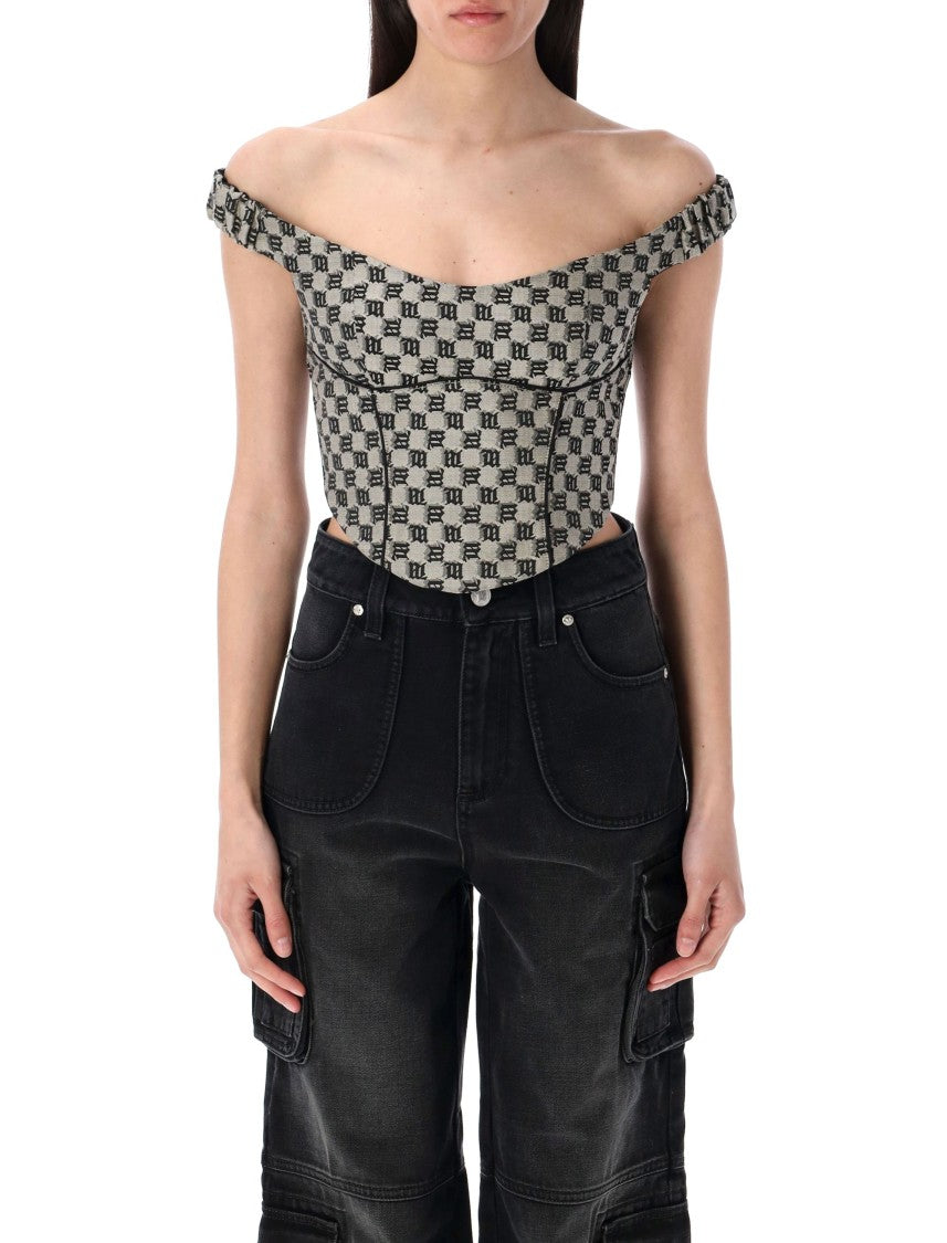 Misbhv Monogram Canvas Corset Top With Open Shoulders