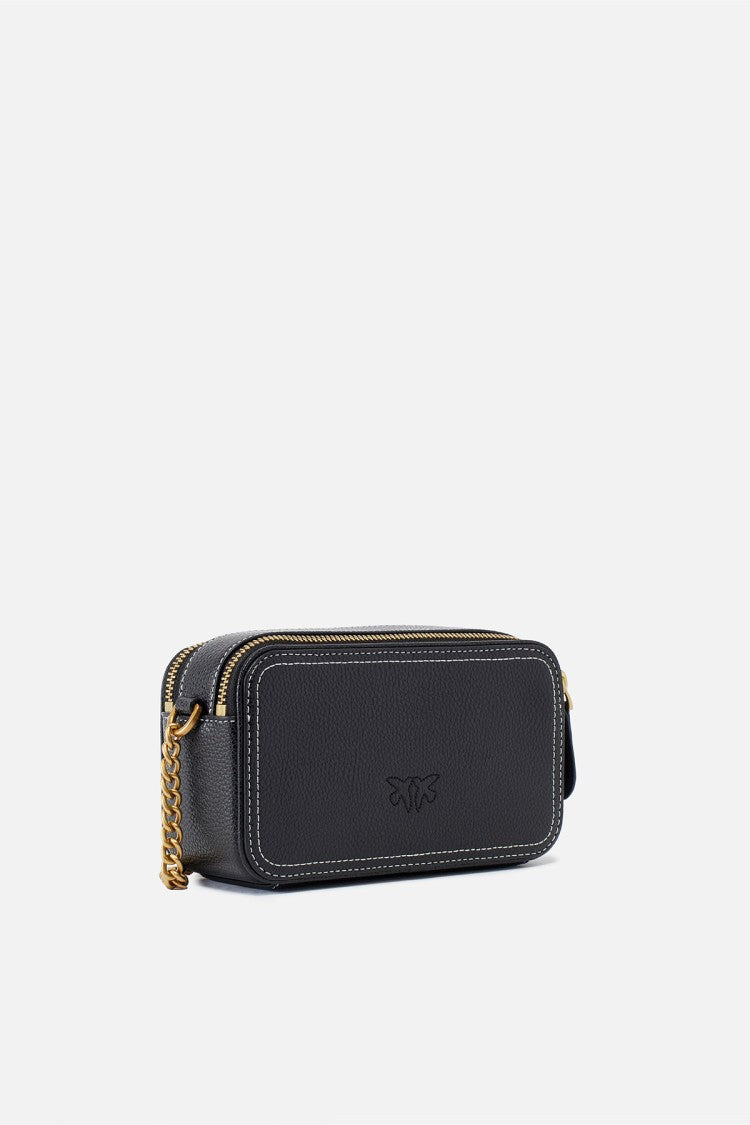 Pinko Black Contrast-Stitched Love Birds Logo Leather Shoulder Bag