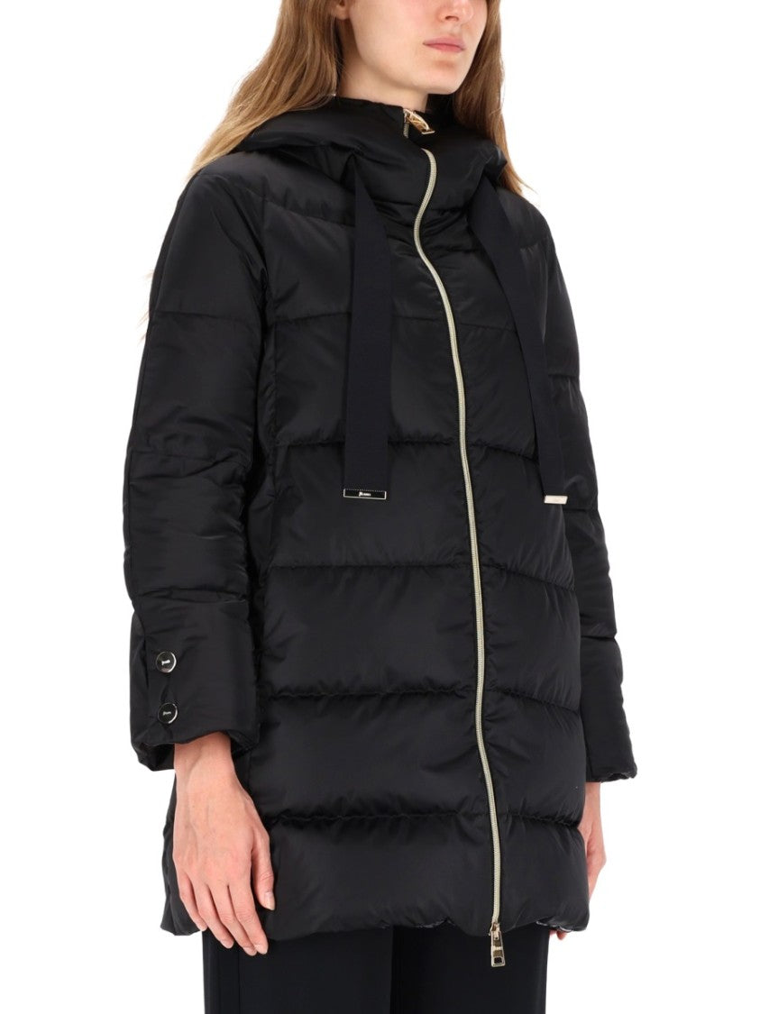 Herno Horizontal Quilted Black Puffer Coat With High Collar And Drawstrings