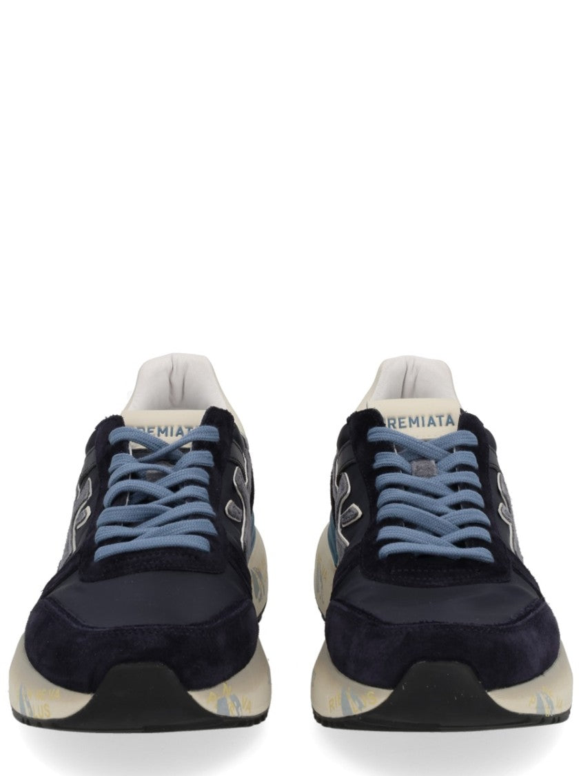 Premiata Dark Base Sneakers With Light Blue Laces And Cream Heel Accent