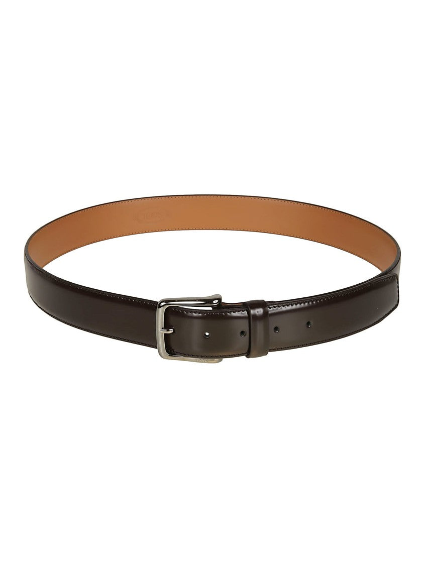 Tod's Polished Dark Brown Calf Leather Belt With Silver Buckle
