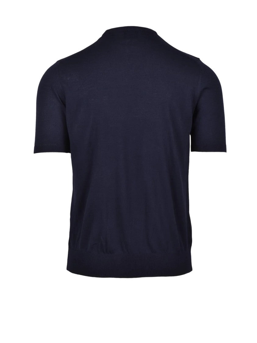 Alpha Studio Navy Blue Cotton Crewneck Top