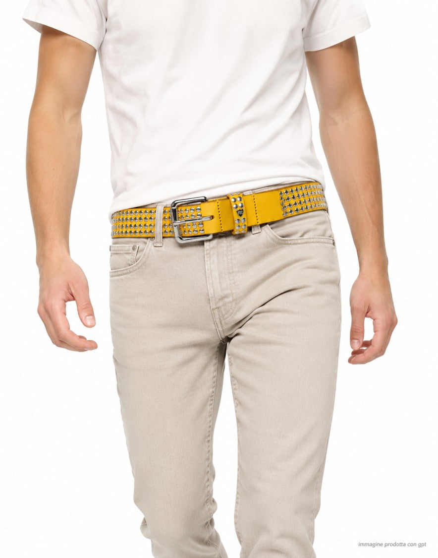 Htc Studded Yellow Leather Belt With Brass Buckle And Logo Rivet
