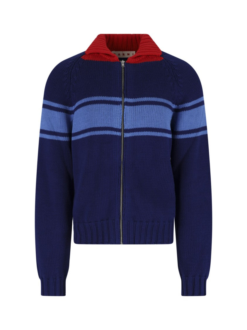 Marni Contrasting Classic Collar Blue Cotton Cardigan By Marni