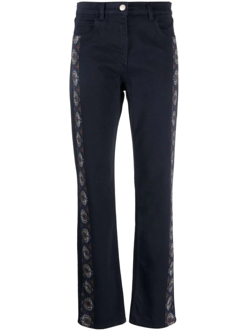 Etro Blue Paisley Panel Cotton-Blend Straight-Leg Pants