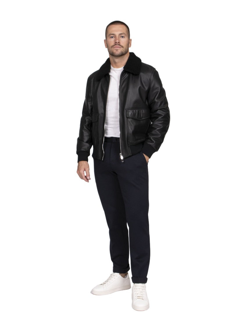 Dondup Black Leather Plush Collar Bomber Jacket