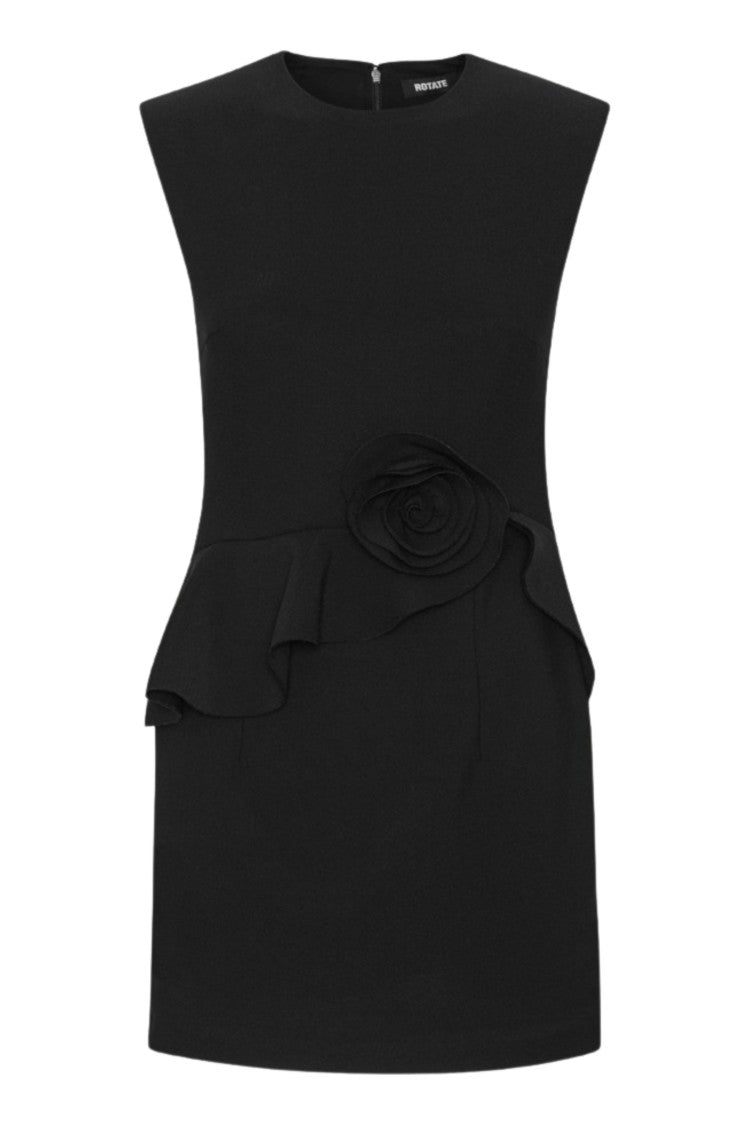 Rotate Black Rose Applique Waist Ruffled Mini Dress