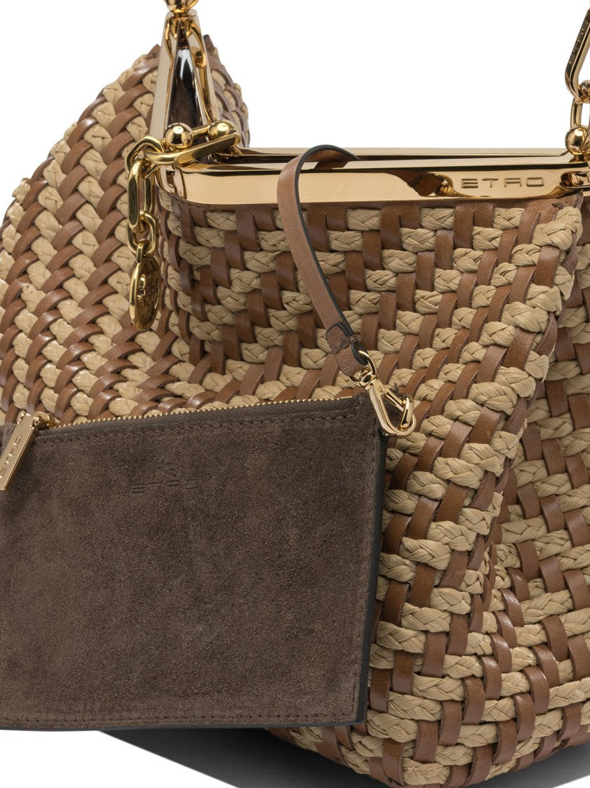 Etro Trapezoidal Woven Raffia And Leather Shoulder Bag
