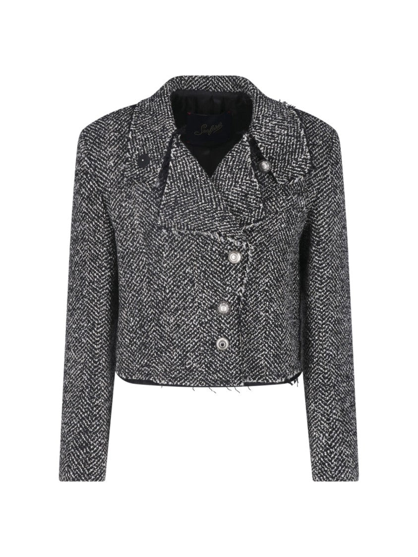 Seafarer Textured Black And White Tweed Jacket With Frayed Collar