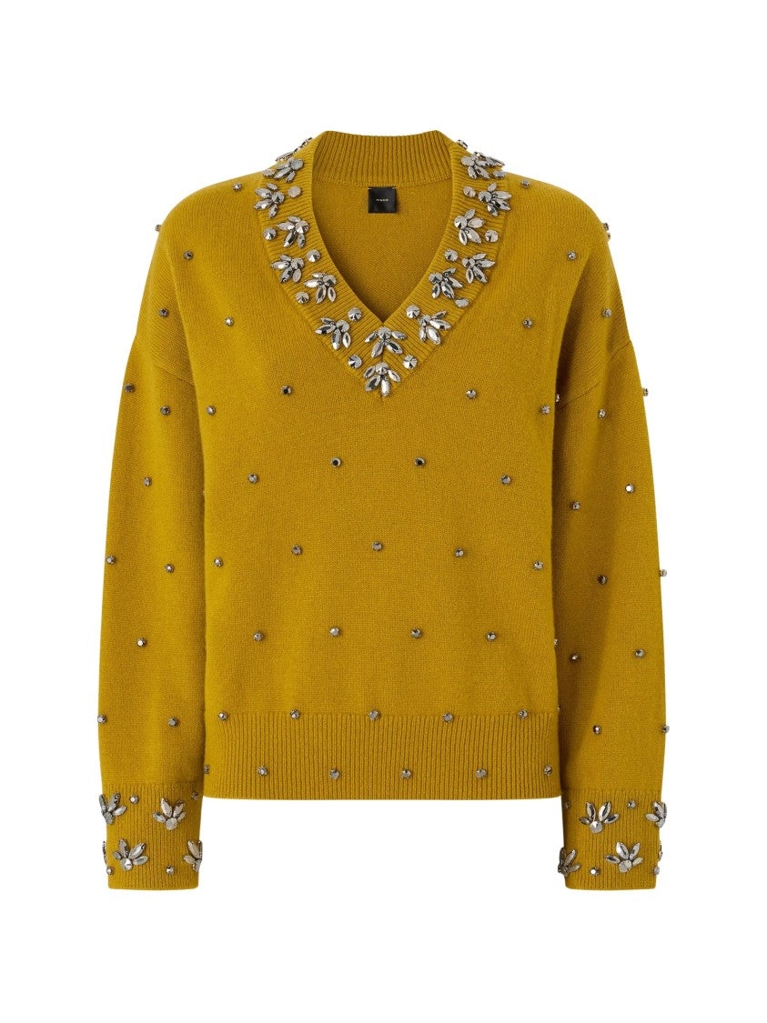 Pinko Mustard Brown Crystal V-Neck Wool-Cashmere Sweater