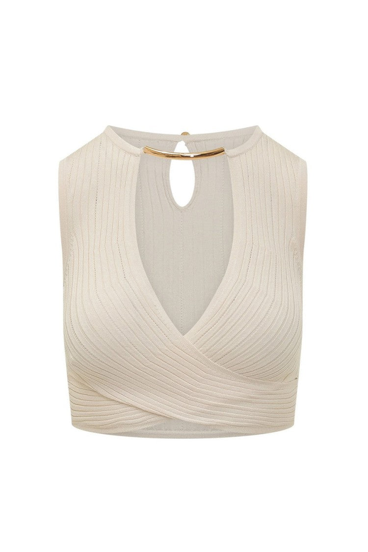 Elisabetta Franchi Ivory Wrap-Front Gold Bar Keyhole Viscose-Blend Tank Top