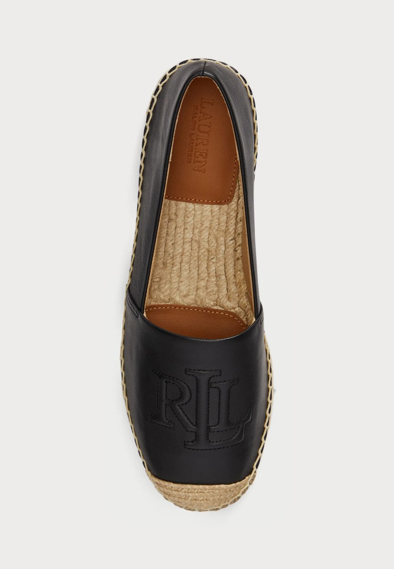 Lauren Ralph Lauren Smooth Black Leather Espadrille Flats With Embossed Logo