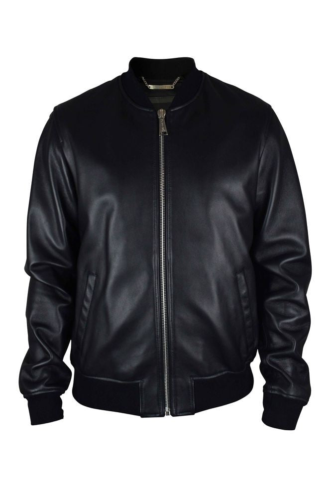 Philipp Plein Black Leather Bomber Jacket
