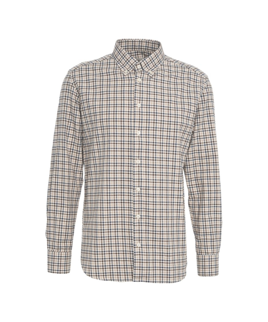 Bastoncino Beige Checkered Long-Sleeve Cotton Shirt With Button-Down Collar