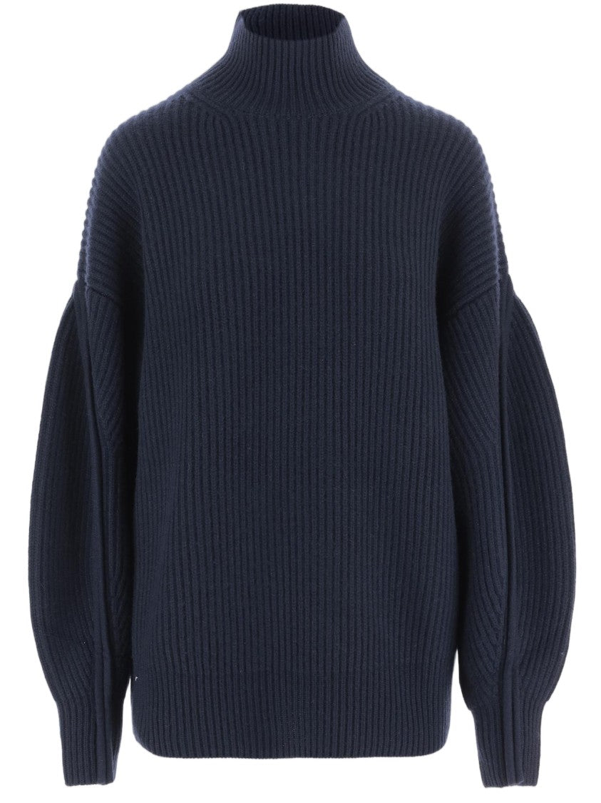 Carven Navy Voluminous-Sleeve Ribbed Cashmere Turtleneck