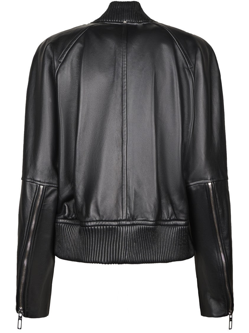 Sportmax Minimalistic Black Leather Coat With Zipper Closure And Ribbed Details