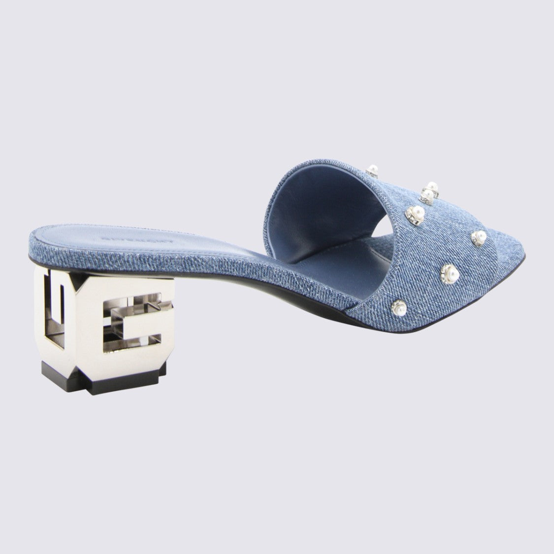 Givenchy Denim Sandals With Pearl Embellishments And Geometric Heel