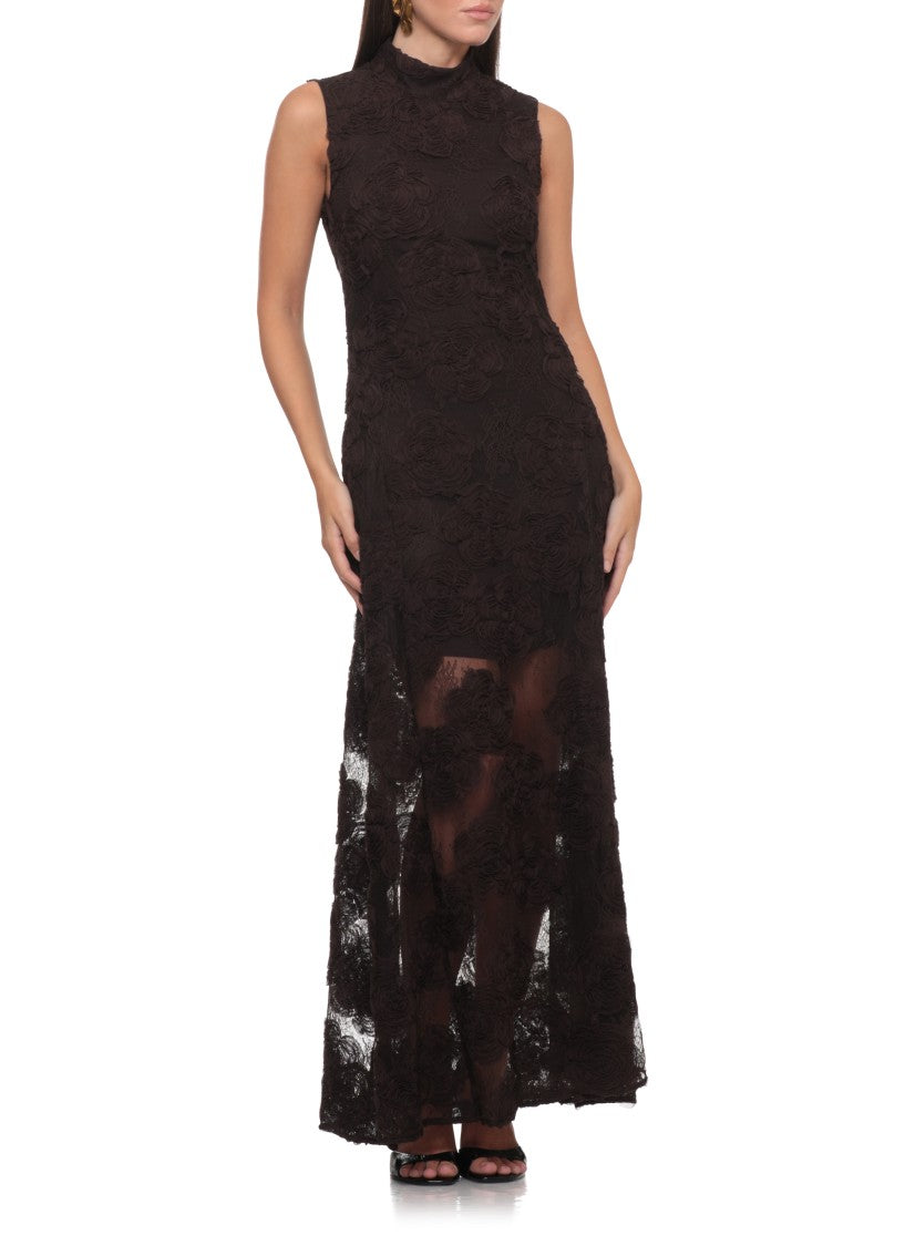 Rotate Brown Lace Long Sleeveless Dress With Fabric Roses