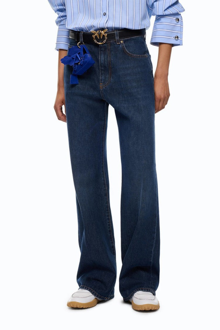 Pinko Blue Cotton Wide-Leg Cropped Jeans