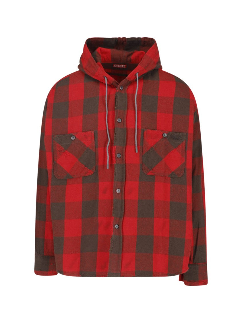 Diesel Checkered Hooded Button-Up Chest Pockets Casual Shirt
