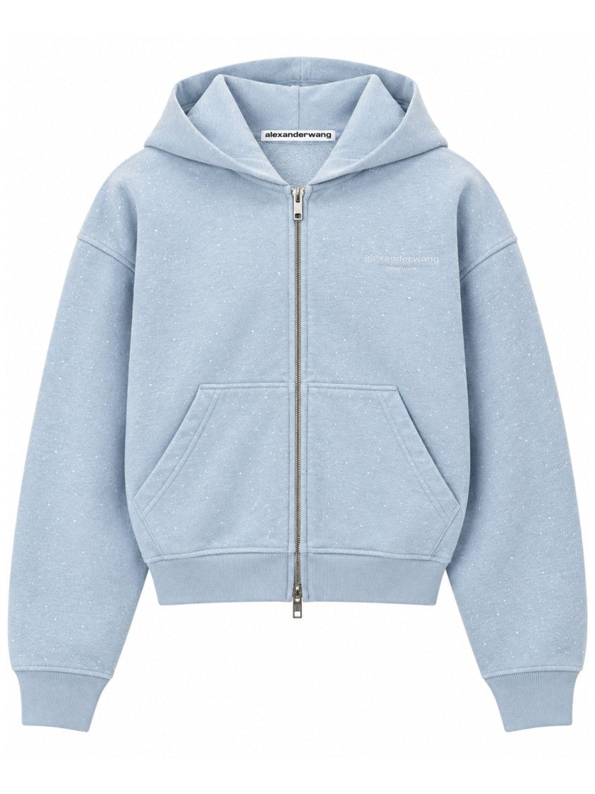 Alexander Wang Light Blue Crystal Logo Cotton Zip Hoodie Sweatshirt