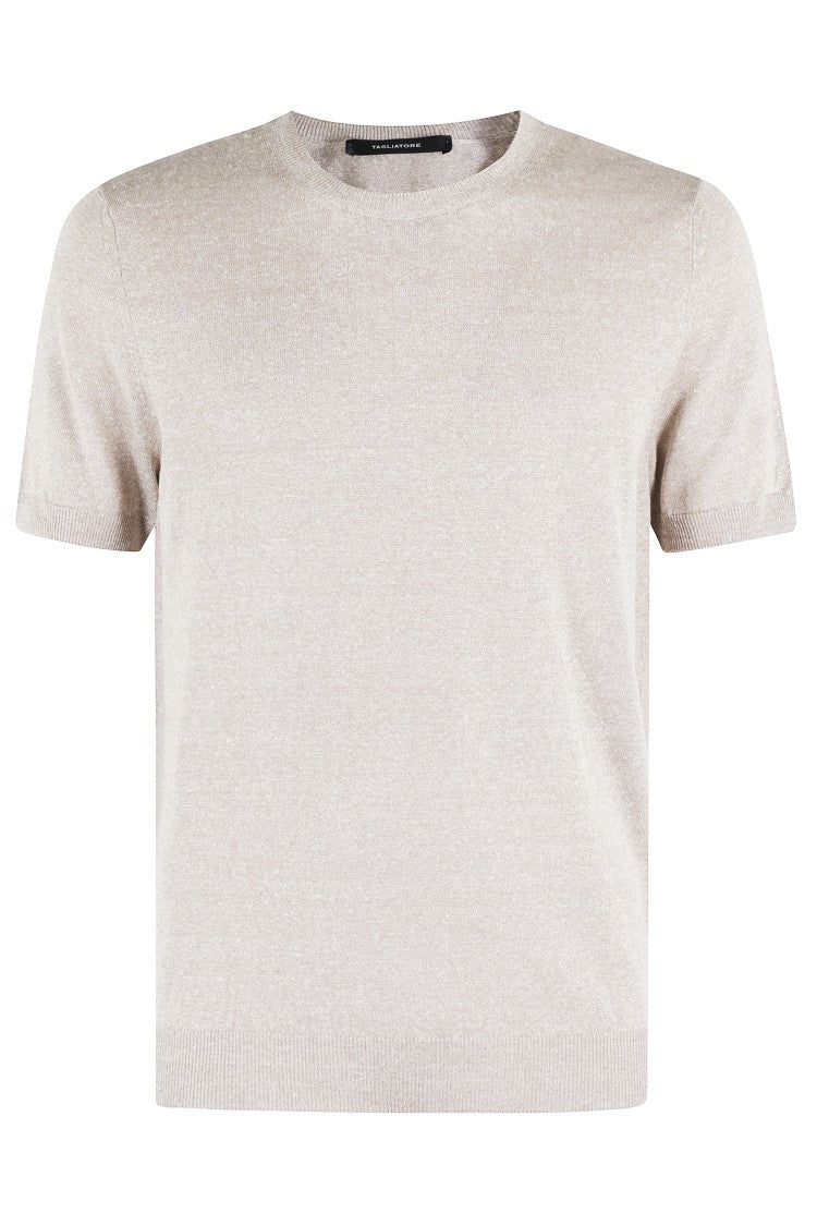 Tagliatore Crew Neck Melange T-Shirt In Linen-Cotton Blend