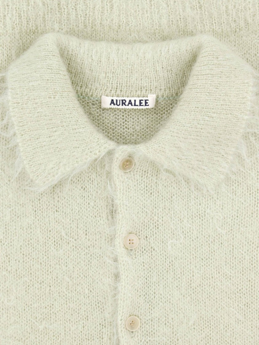 Auralee Green Textured Knit Ribbed Polo Shirt