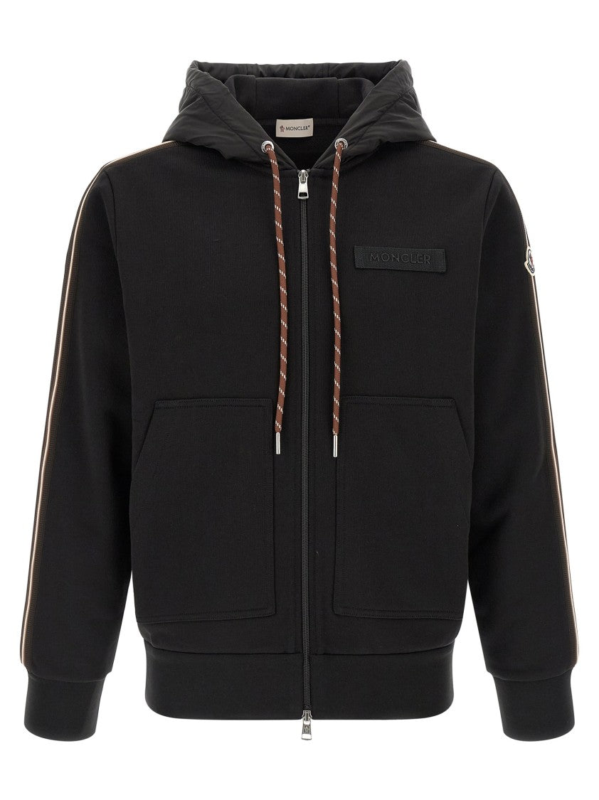 Moncler Brushed Cotton Hoodie With Adjustable Nylon Hood And Tricolor Accents