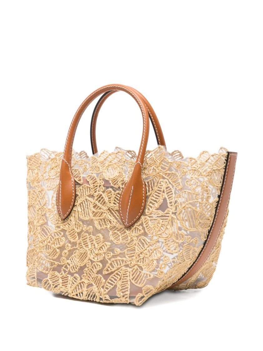 Ermanno Scervino Beige Shopper Tote With Lace Floral Embroidery And Leather Accents